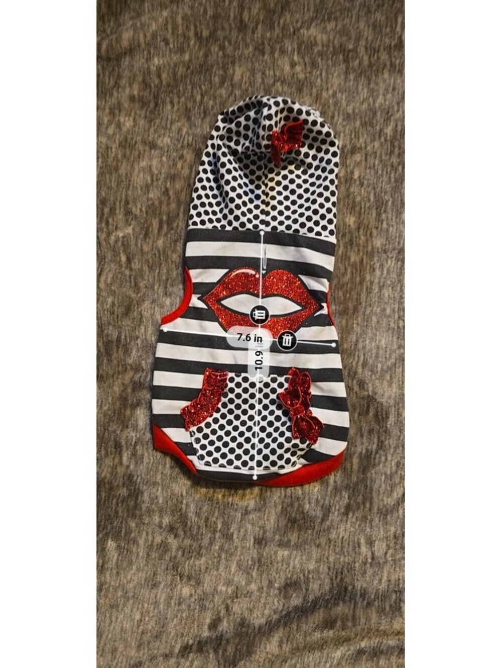 Black and White Striped Dog Hoodie with Red Glitter Lips and Polka Dot Accents